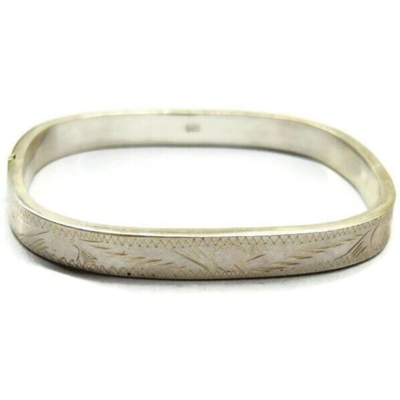 925 Hinged Bangle Bracelet Engraving Square Shape Sterling Silver Patina - Picture 3 of 12